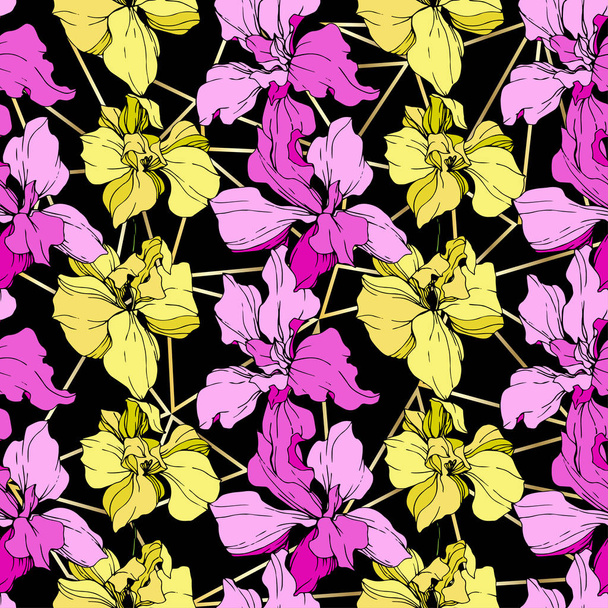 Beautiful yellow and pink orchid flowers. Seamless background pattern. Fabric wallpaper print texture on black background. - Vector, Image