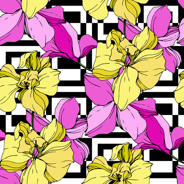 Beautiful pink and yellow orchid flowers on white background. Seamless background pattern. Fabric wallpaper print texture. Engraved ink art. - Vector, Image