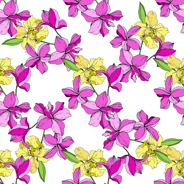 Beautiful pink and yellow orchid flowers on white background. Seamless background pattern. Fabric wallpaper print texture. Engraved ink art. - Vector, Image