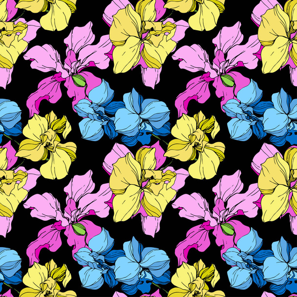 Yellow, blue and pink orchids engraved ink art. Seamless background pattern. Fabric wallpaper print texture on black background. - Vector, Image