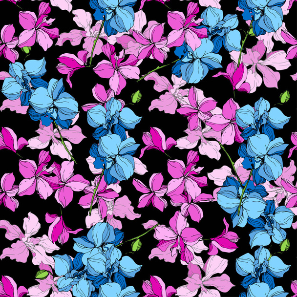 Blue and pink orchid flowers. Engraved ink art. Seamless background pattern. Fabric wallpaper print texture on black background. - Vector, Image