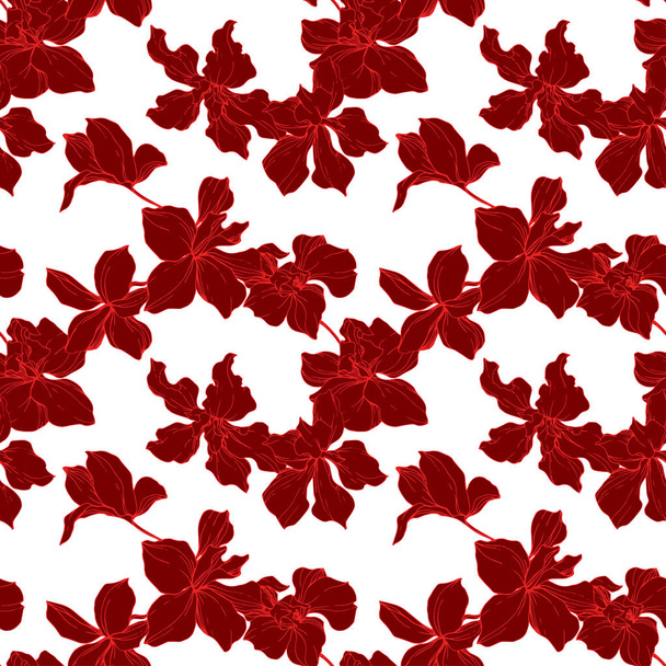 Beautiful red orchid flowers. Engraved ink art. Seamless background pattern. Fabric wallpaper print texture on white background. - Vector, Image