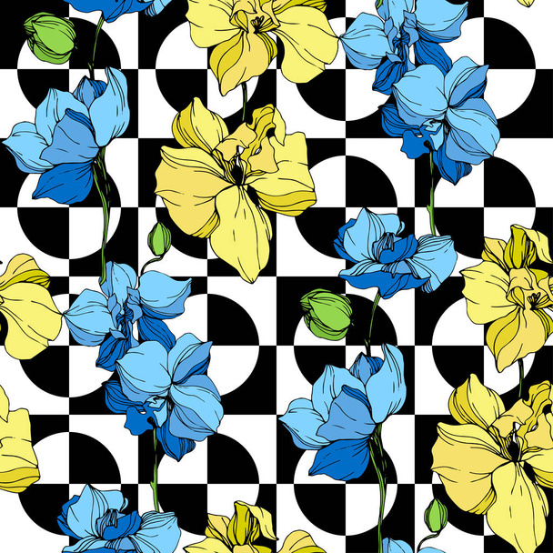 Yellow and blue orchids. Engraved ink art. Seamless background pattern. Fabric wallpaper print texture on white background. - Vector, Image