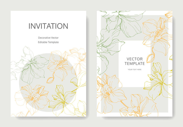 Κάρτες γάμου με floral διακοσμητικά περιγράμματα. Ορχιδέα λουλούδια. Σας ευχαριστώ, rsvp, κομψό κάρτες πρόσκληση Εικονογράφηση γραφικών set. - Διάνυσμα, εικόνα