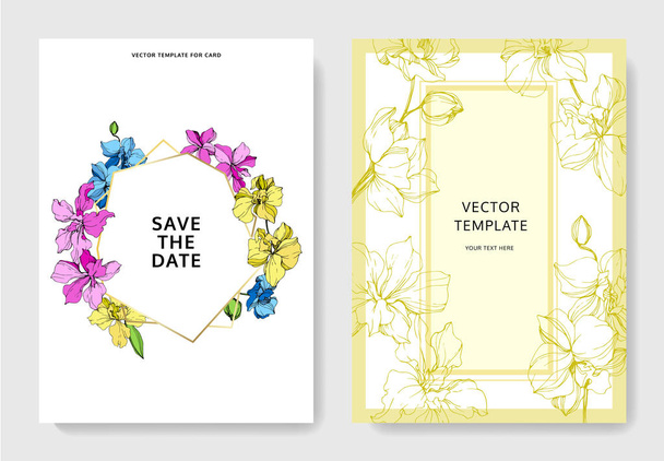 Hochzeitskarten mit floralen Zierrändern. schöne Orchideenblüten. danke, rsvp, einladung elegante karten illustration grafik set. - Vektor, Bild