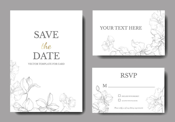Wedding cards with floral decorative borders. Beautiful orchid flowers. Thank you, rsvp, invitation elegant cards illustration graphic set. - Vector, Image