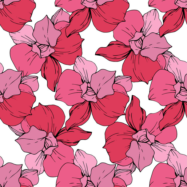 Beautiful pink orchid flowers. Seamless background pattern. Fabric wallpaper print texture. Engraved ink art. - Vector, Image