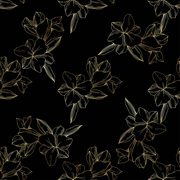 Beautiful golden orchids on black background. Engraved ink art. Seamless background pattern. Fabric wallpaper print texture. - Vector, Image