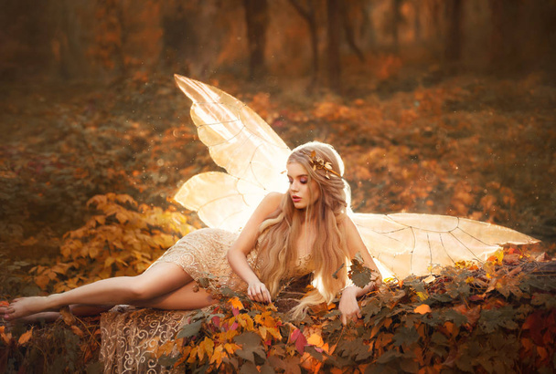 slim girl became a fairy, a model with blond long hair and golden wreath on leaves in the forest in a beige long dress with bare legs, has glowing wings behind her back, atmospheric autumn art photo. - Фото, зображення