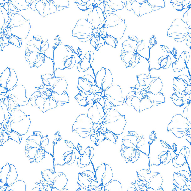 Krásné modré květy orchidejí. Ryté inkoust umění. Vzor bezešvé pozadí. Fabric tapety tisku textura. - Vektor, obrázek