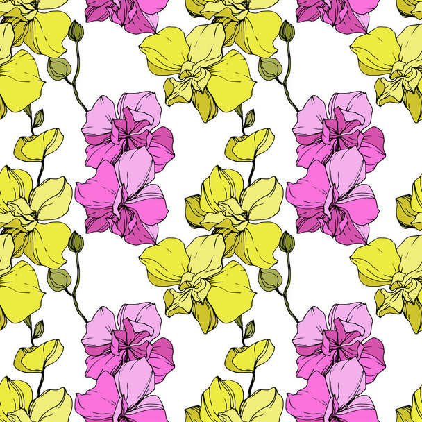 Beautiful pink and yellow orchid flowers. Seamless background pattern. Fabric wallpaper print texture. Engraved ink art. - Vector, Image