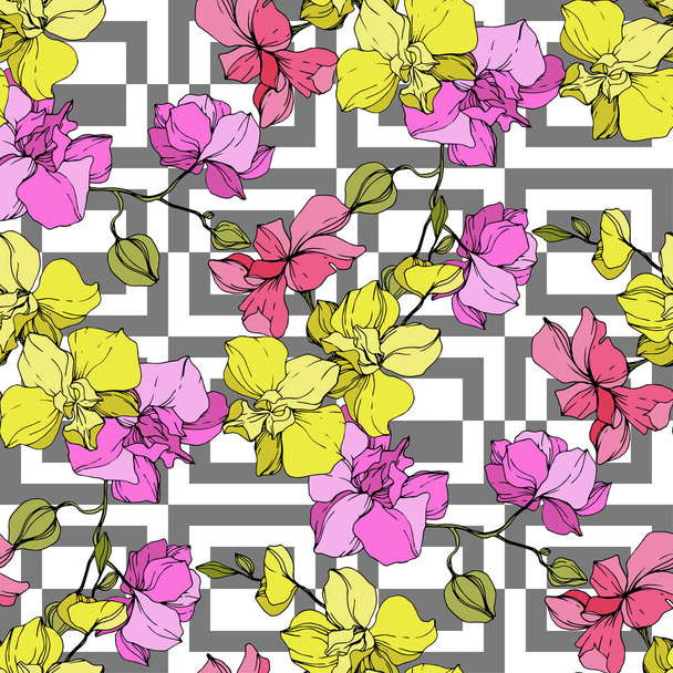 Beautiful pink and yellow orchid flowers. Seamless background pattern. Fabric wallpaper print texture. Engraved ink art. - ベクター画像
