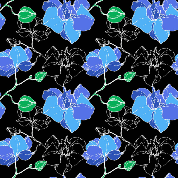 Beautiful blue orchid flowers. Engraved ink art. Seamless background pattern. Fabric wallpaper print texture. - Vector, Image