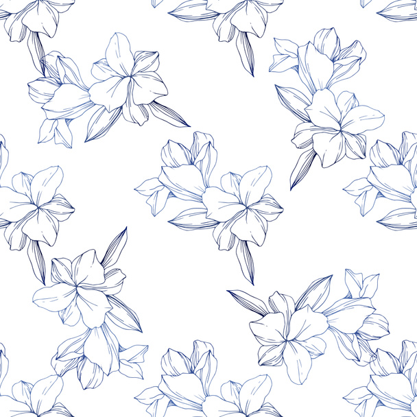 Beautiful blue orchid flowers. Engraved ink art. Seamless background pattern. Fabric wallpaper print texture. - Vector, Image