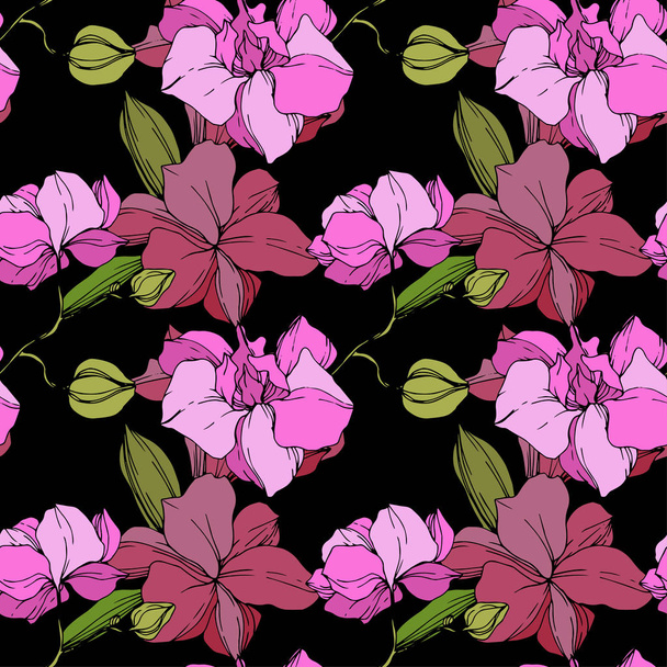 Beautiful pink orchid flowers. Seamless background pattern. Fabric wallpaper print texture. Engraved ink art. - Wektor, obraz