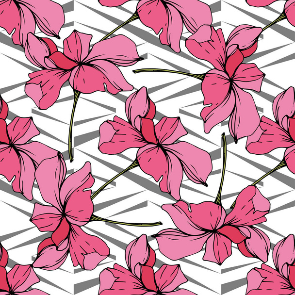 Beautiful pink orchid flowers. Seamless background pattern. Fabric wallpaper print texture. Engraved ink art. - Vektor, obrázek
