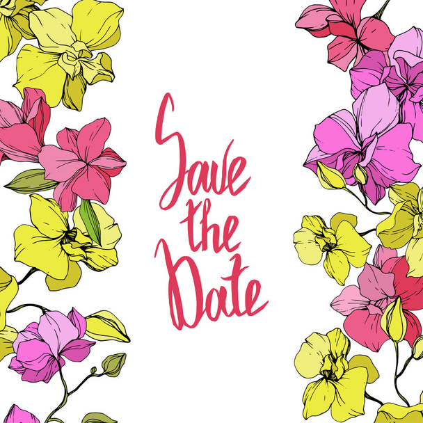 Beautiful pink and yellow orchid flowers. Engraved ink art. Floral borders. Save the Date handwriting monogram calligraphy. - Vector, Image