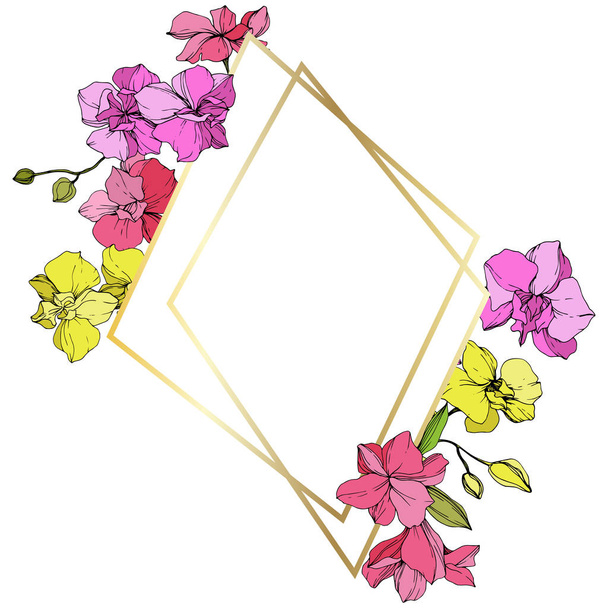 Beautiful pink and yellow orchid flowers. Engraved ink art. Frame golden crystal. Geometric polygon crystal mosaic shape. - Vector, Image