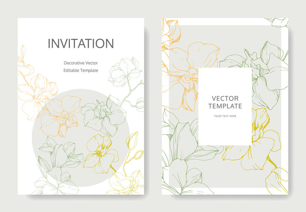 Ορχιδέα λουλούδια, κίτρινο, πράσινο και πορτοκαλί. Χαραγμένο μελάνι τέχνης. Κάρτες γάμου με floral διακοσμητικά περιγράμματα. Σας ευχαριστώ, rsvp, κομψό κάρτες πρόσκληση Εικονογράφηση γραφικών set. - Διάνυσμα, εικόνα