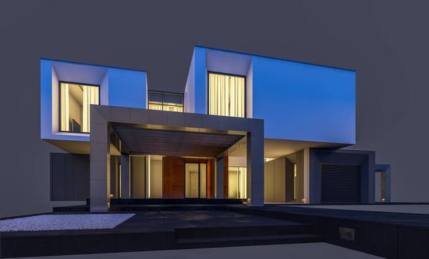 3D-Rendering von modernen gemütlichen Haus am Fluss mit Garage zum Verkauf oder zur Miete. kühlen Abend mit weichem Licht aus dem Fenster. isoliert auf grau. - Foto, Bild