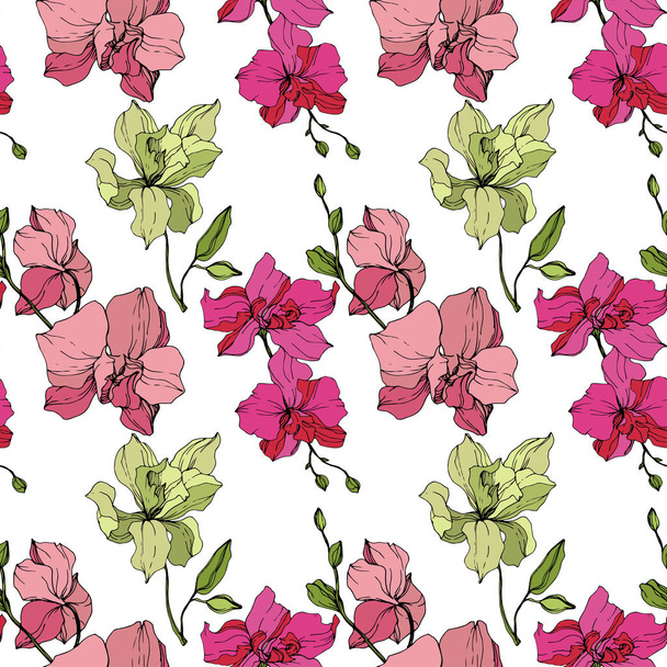 Beautiful pink and yellow orchid flowers. Seamless background pattern. Fabric wallpaper print texture. Engraved ink art on white background. - Vektor, kép
