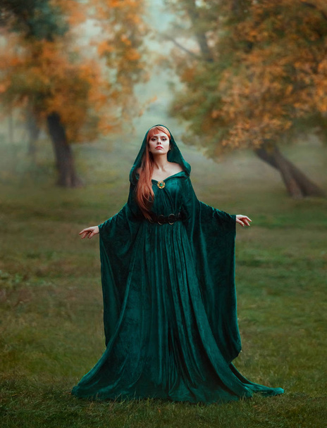 runaway princess with red blond long hair dressed in a green emerald expensive velvet royal cloak-dress with a precious brooch, the girl got lost in a dark foggy forest, fell into a trap, art photo. - Fotó, kép