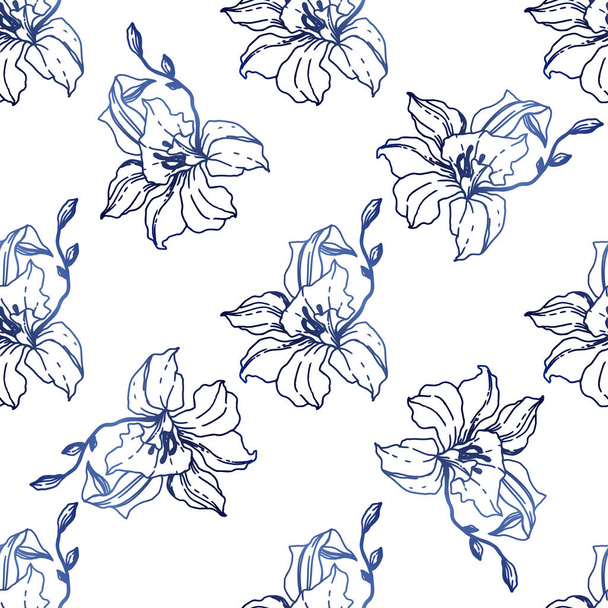 Прекрасні сині квіти орхідей. Безшовний візерунок тла. Тканинні шпалери друкують текстуру. Вигравіруване чорнило на білому тлі
. - Вектор, зображення