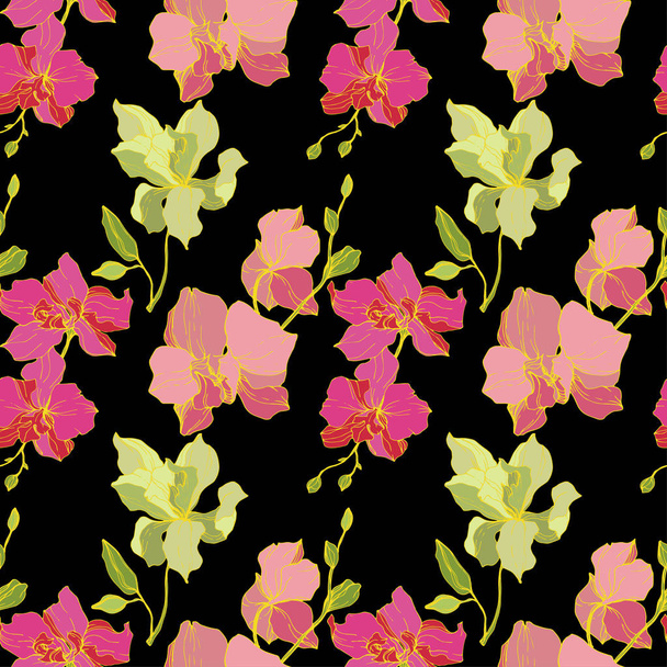 Beautiful pink and yellow orchid flowers. Seamless background pattern. Fabric wallpaper print texture. Engraved ink art on black background. - Vector, Image