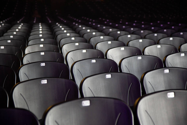 Lege comfortabele arm stoelen stoelen met getallen in hal klaar voor show - Foto, afbeelding