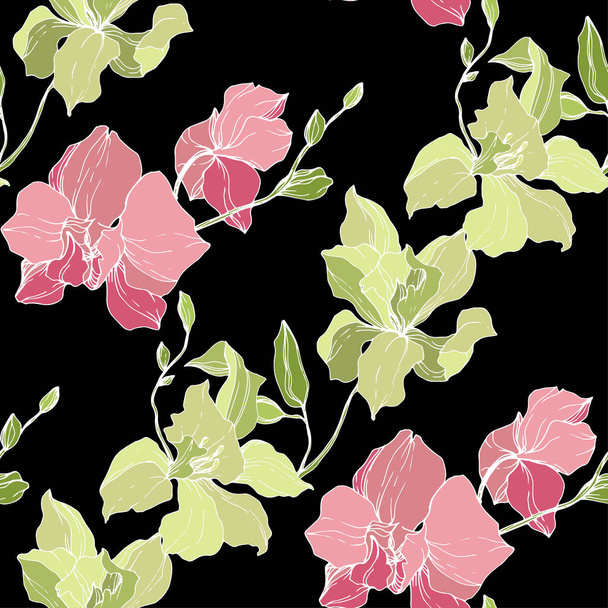 Beautiful pink and yellow orchid flowers. Seamless background pattern. Fabric wallpaper print texture. Engraved ink art on black background. - Vektör, Görsel