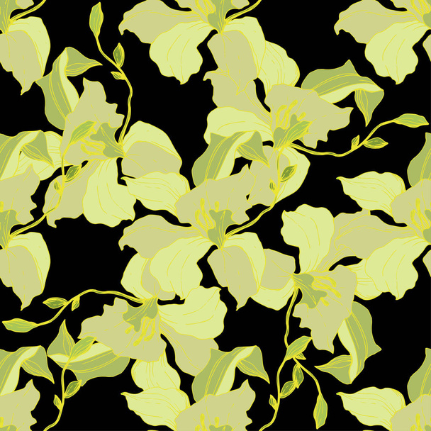 Beautiful yellow orchid flowers. Seamless background pattern. Fabric wallpaper print texture. Engraved ink art on black background. - Vector, afbeelding