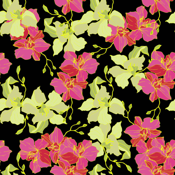 Kaunis vaaleanpunainen ja keltainen orkidea kukkia. Saumaton taustakuvio. Kangas tapetti tulostaa tekstuuri. Kaiverrettu muste taidetta mustalla pohjalla
. - Vektori, kuva