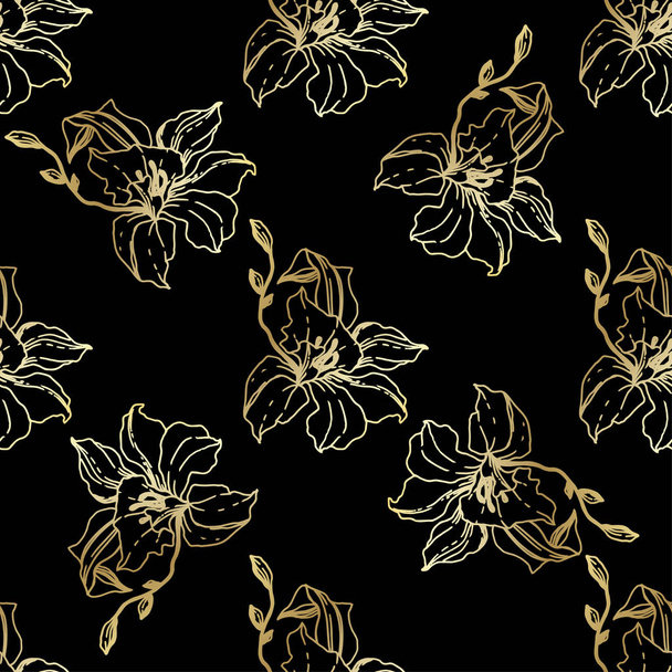 Beautiful golden orchid flowers. Seamless background pattern. Fabric wallpaper print texture. Engraved ink art on black background. - Vector, Image