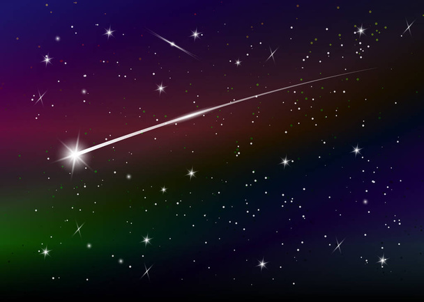 Lövés csillag háttér sötét kék csillagos éjszakai égbolt ellen, vektoros illusztráció. Helyet a háttér. Színes galaxis köd és a csillagok. Absztrakt futurisztikus hátteret. Stardust- és ragyogó csillagok - Vektor, kép