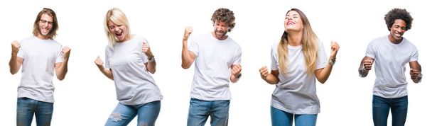 Collage einer Gruppe von Menschen in lässigem weißen T-Shirt vor isoliertem Hintergrund sehr glücklich und aufgeregt dabei Siegergeste mit erhobenen Armen, lächelnd und schreiend nach Erfolg. Festkonzept. - Foto, Bild