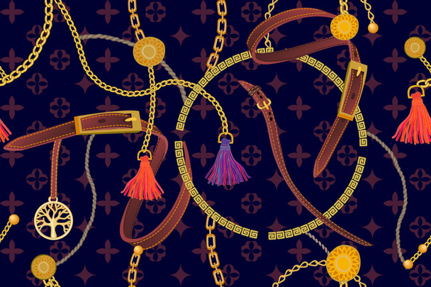 Wide print with golden chains, leather accessories and curtain brushes. - Vector, imagen