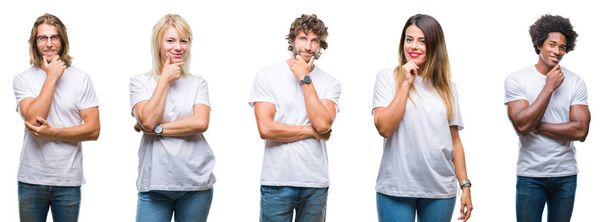 Collage de grupo de personas que usan una camiseta blanca casual sobre un fondo aislado mirando con confianza a la cámara con sonrisa con los brazos cruzados y la mano levantada en la barbilla. Pensando positivamente
. - Foto, Imagen