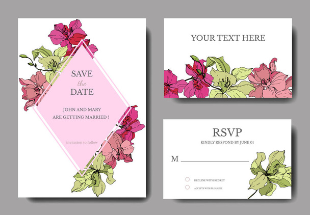Beautiful orchid flowers engraved ink art. Wedding cards with floral decorative borders. Thank you, rsvp, invitation elegant cards illustration graphic set. - Vector, Image