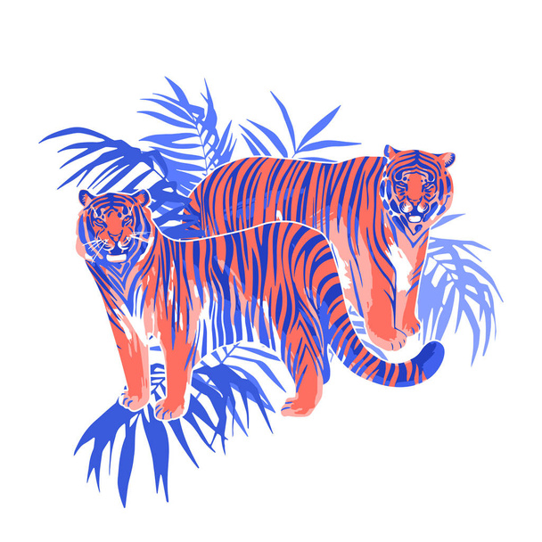 Deux tigres graphiques debout parmi les feuilles exotiques
 - Vecteur, image