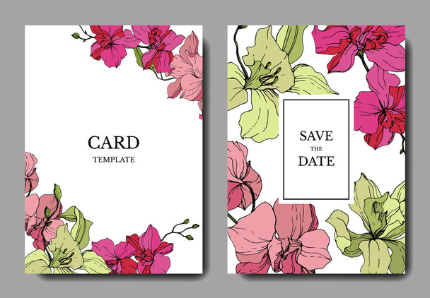Beautiful orchid flowers engraved ink art. Wedding cards with floral decorative borders. Thank you, rsvp, invitation elegant cards illustration graphic set. - Vetor, Imagem