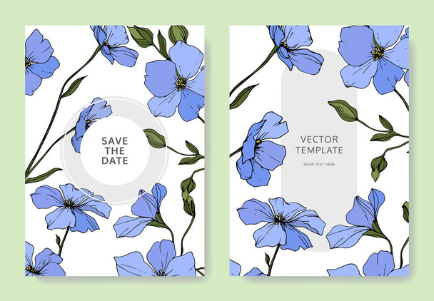 Vector. Blue flax flowers. Engraved ink art. Wedding cards with floral decorative borders. Thank you, rsvp, invitation elegant cards illustration graphic set. - Vector, Image