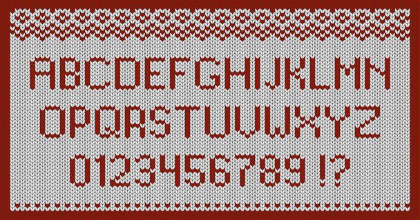 White knitted fabric with a red ornament and the letters of the alphabet and numbers. - Vector, Imagen