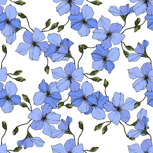 Gyönyörű kék len virágok. Vésett tinta art. Varrat nélküli mintát a fehér háttér előtt. Anyagot a nyomtatási textúrát. - Vektor, kép