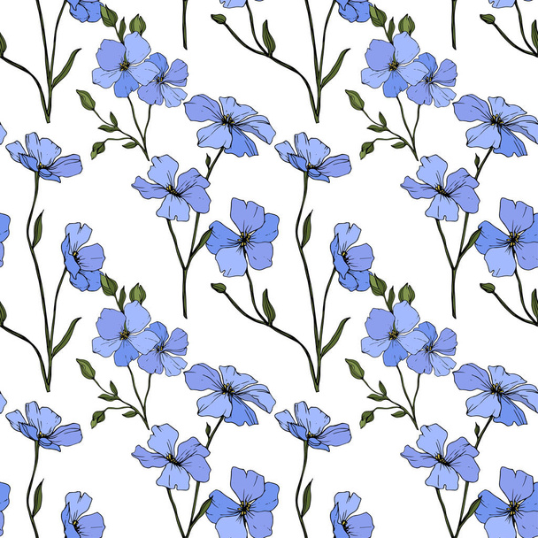 Beautiful blue flax flowers. Engraved ink art. Seamless pattern on white background. Fabric wallpaper print texture. - Vector, Image