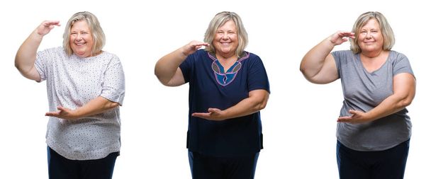 Idősebb kövér nő felett intett kezével mutatja a nagy és a nagy méretű jel, intézkedés szimbólum izolált háttér kollázs. Mosolyogva nézi a kamerát. Mérési koncepció. - Fotó, kép