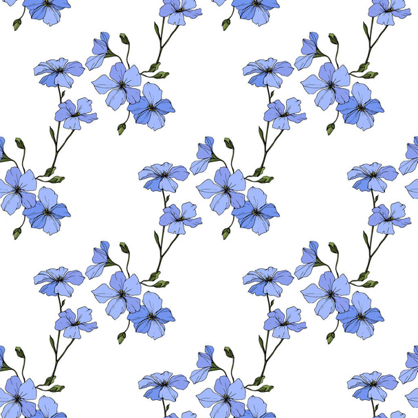 Όμορφα μπλε λουλούδια λίνου. Χαραγμένο μελάνι τέχνης. Χωρίς ραφή πρότυπο σε άσπρο φόντο. Ύφασμα ταπετσαρία υφή. - Διάνυσμα, εικόνα