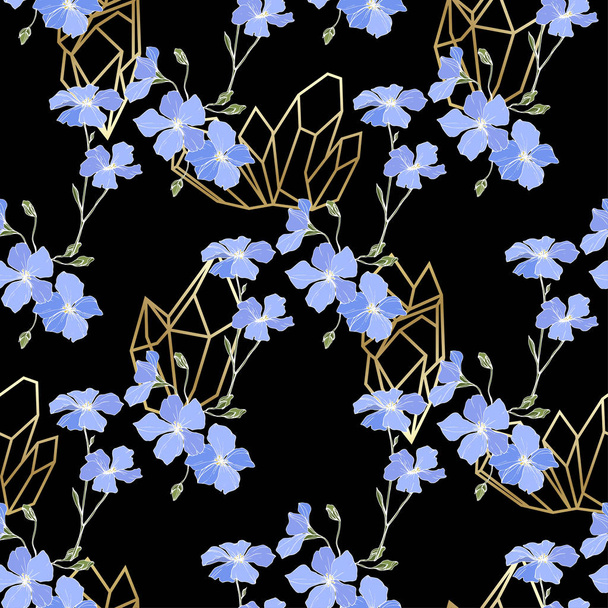 Vector. Blue flax flowers. Spring wildflowers. Engraved ink art. Seamless pattern on black background. Fabric wallpaper print texture. - Vector, Image