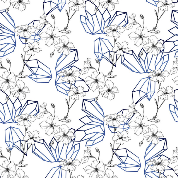 Gyönyörű kék len virágok. Vésett tinta art. Varrat nélküli mintát a fehér háttér előtt. Anyagot a nyomtatási textúrát. - Vektor, kép