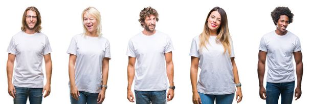 Koláž z skupiny lidí nosí ležérní bílé tričko izolované pozadí mrkání, při pohledu na fotoaparát se sexy výraz, veselý a šťastný obličej. - Fotografie, Obrázek