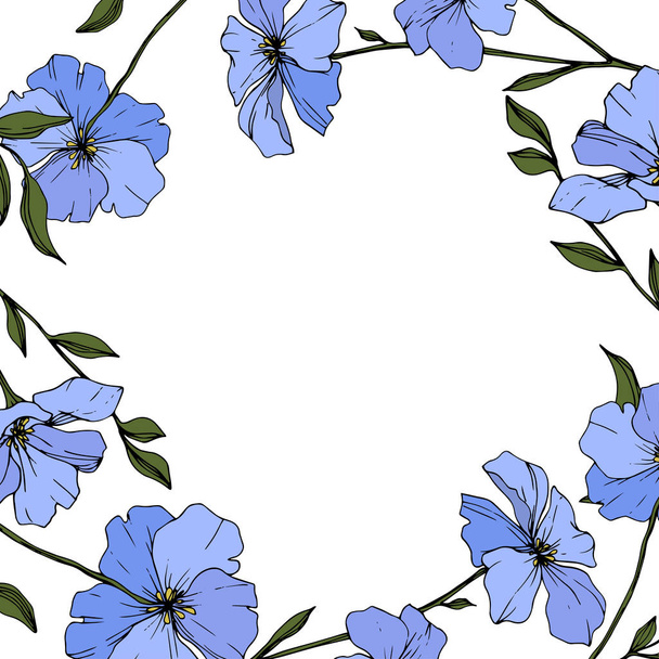 Vector. Blue flax flowers with green leaves and buds isolated on white background. Engraved ink art.  - Vector, Image